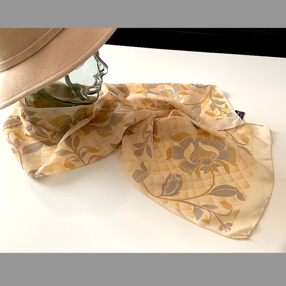 J.G. Hook cream floral rectangle 100% silk scarf,  1970s vtg., 11  x 25 inches